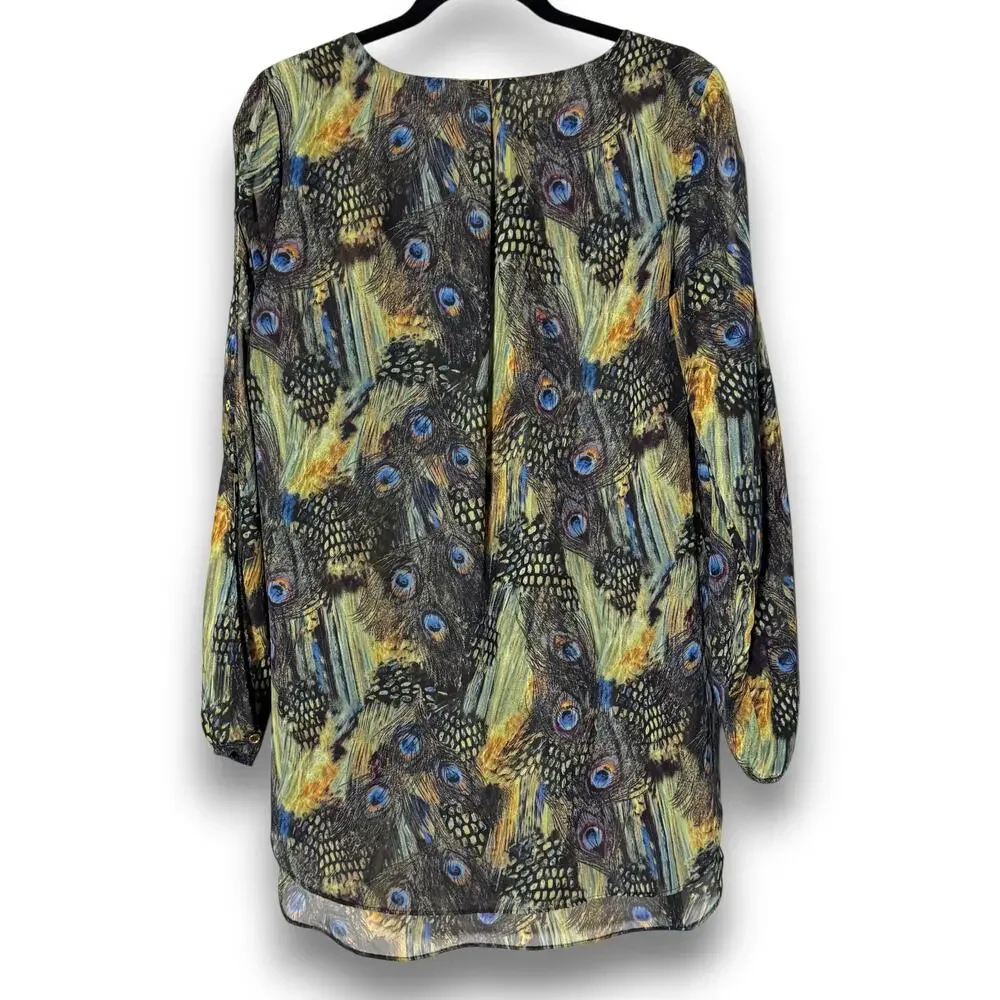 Zac and Rachel Women Medium Peacock Feather Print Sheer Layered Blouse Blue Gold - Picture 4 of 8
